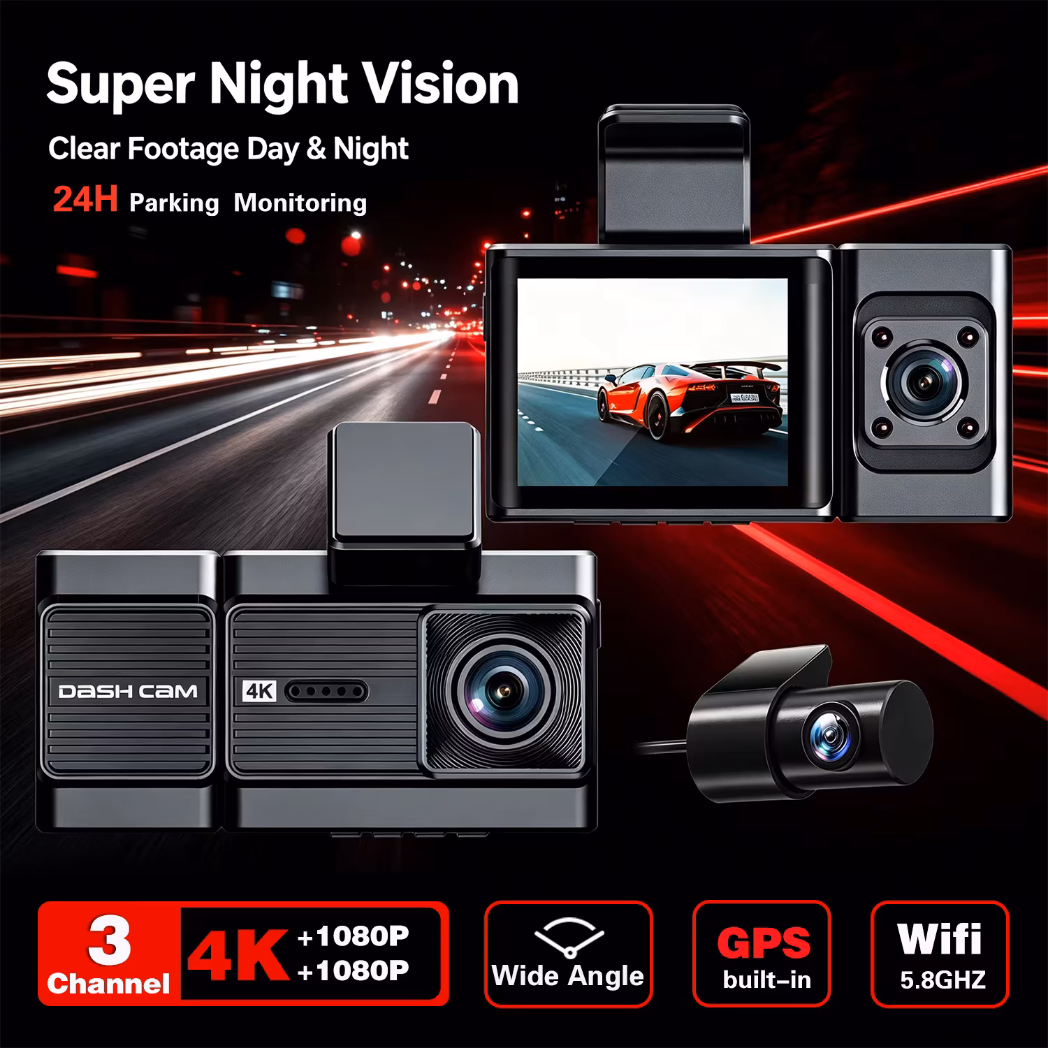 DT-Navi A6703Pro Dash Cam 3-Channel Front 4K+Rear 1080P+Interior 1080P Hdr Car Dvr Driving Record Gps WiFi 24H Parking Monitor