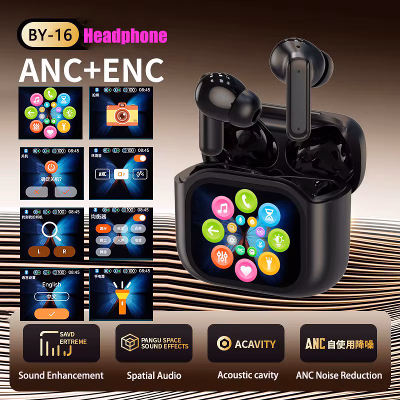 AI Translation Bluetooth Earphones With Smart Display Long Battery Life Noise Reduce Wireless Digital Display Headset
