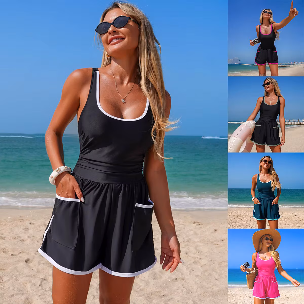 Black With White Trim One Piece Swimsuit Sleeveless V Neck One Piece Tank Contrast Trim Swimsuit Side Pockets Bathing Suit
