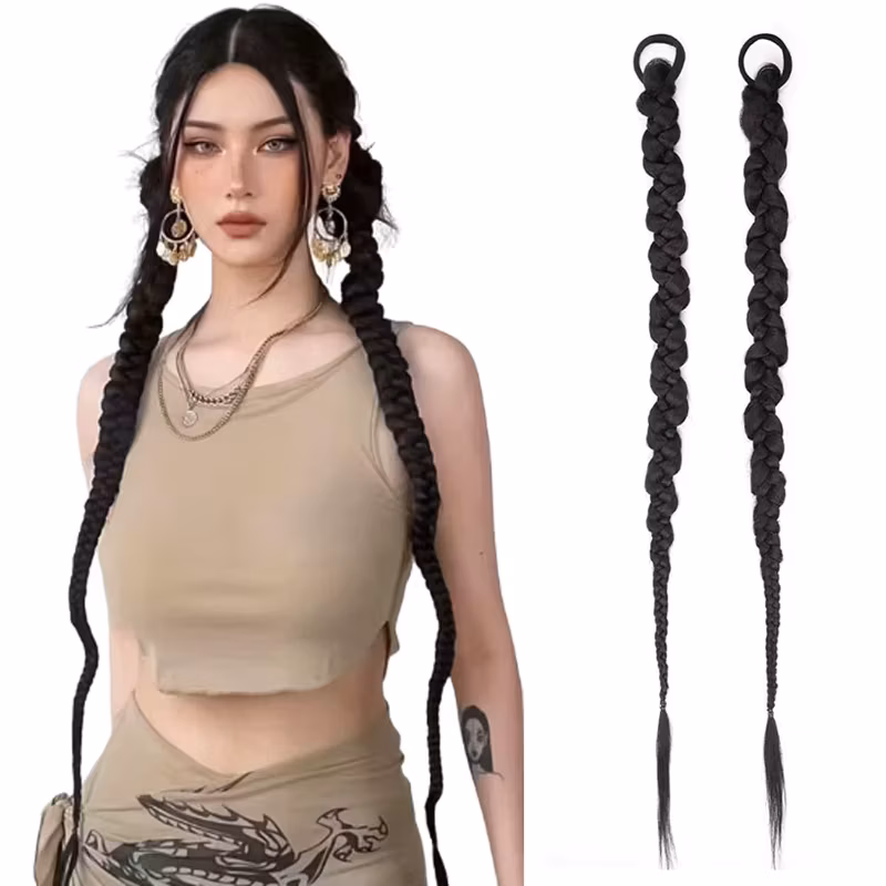 Fashion Braided Ponytail Hair Extensions with Hair Ties for Women Twist Braid Personality Girl Kink Braid Hip Hop Girl