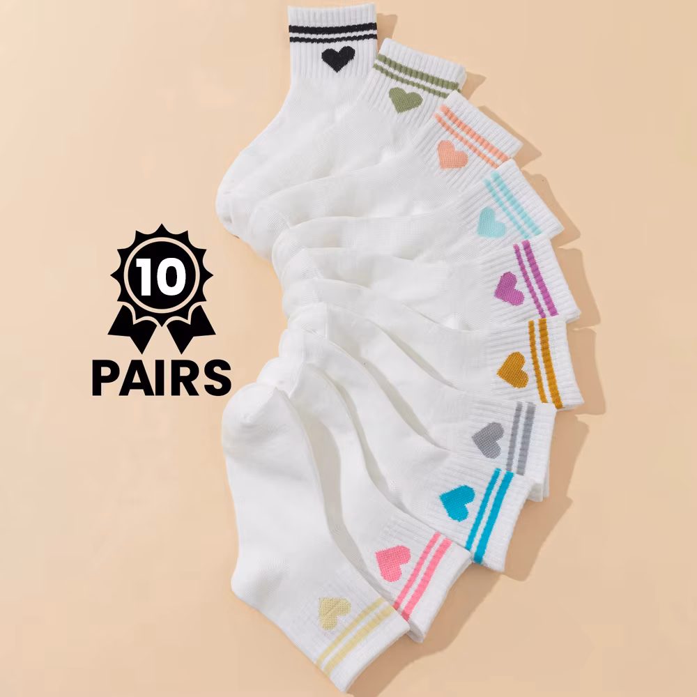 10 Pairs Kids Socks Heart Pattern Bar White Basic Sports Versatile Children's Footwear, Girls' School Socks