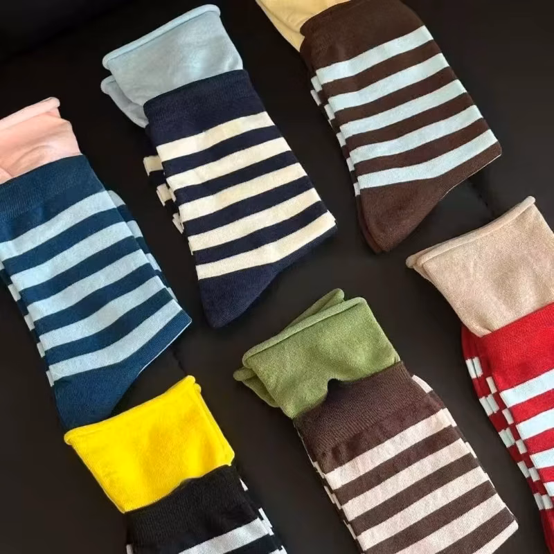 6 pairs Spring Autumn Splicing Fashionable Versatile Stacked Socks Casual Comfortable Striped Middle Socks