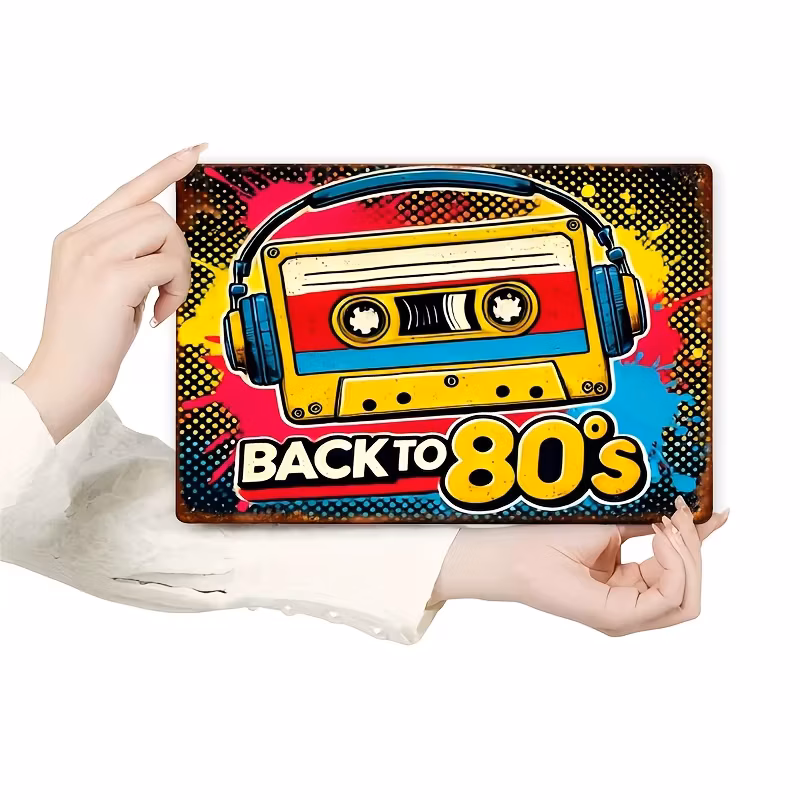 Retro 80s Cassette Tape Metal Wall Sign | Multi-Color Iron Art Decor 'Back to the 80s' Vintage Boombox Design Durable,Nosta