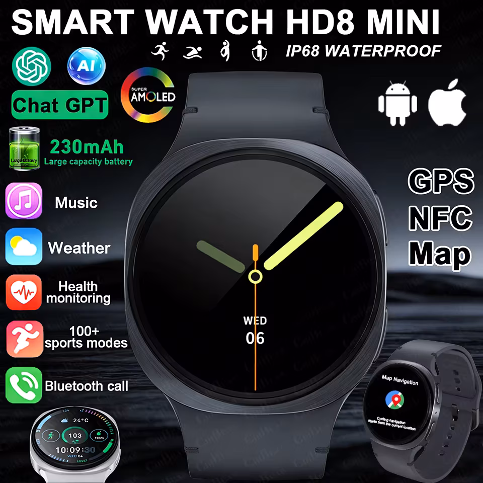 Watches 8 Mini Gps Track Smart Watch For Men Women Health Sports Amoled Heart Rate Bluetooth Call Waterproof Smartwatch