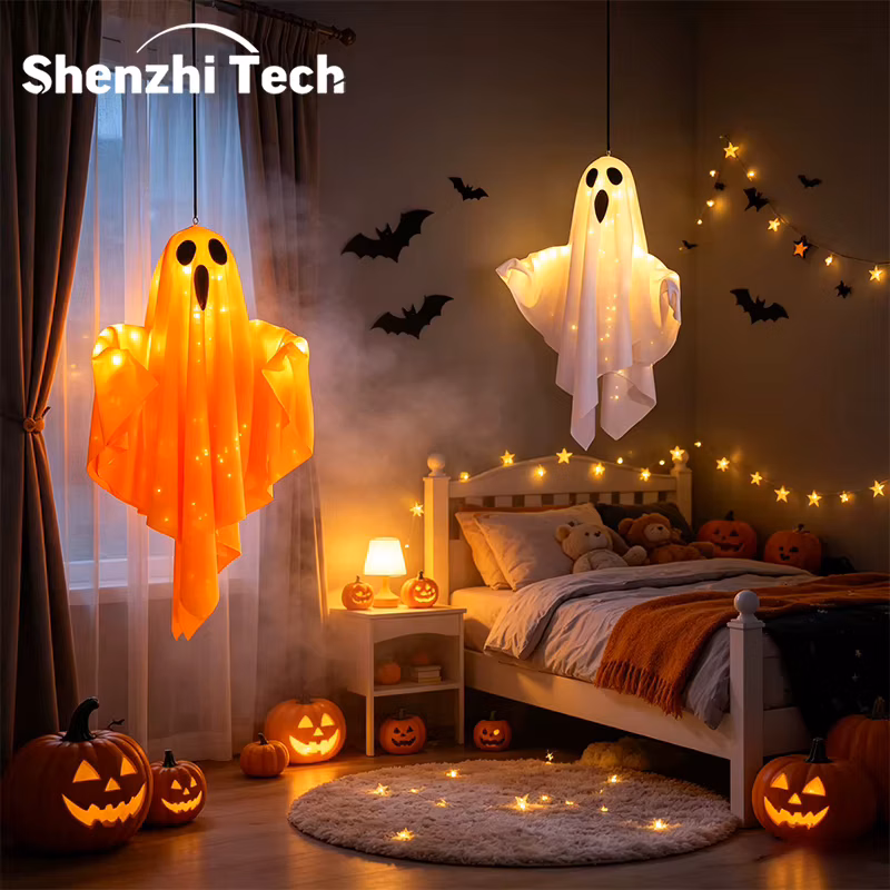 Halloween Hanging Light Up Ghost Lamp, Battery Operated Led Fabric Ghost Light Decor, Spooky Hanging Ghost Ornament for Bedroom