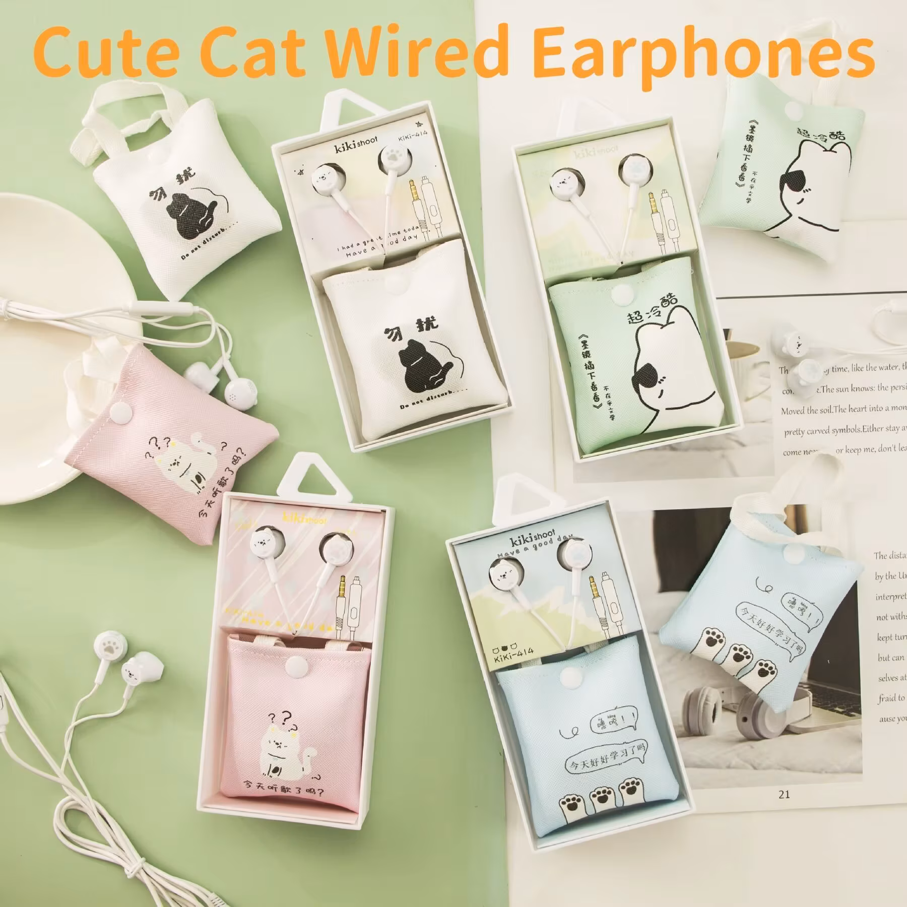 Cute Cat Wired In-Ear Earphones Cartoon Mini Girls' Earbuds With Cartoon Storage Bag Set Gaming Headphones For Student Girl Gift