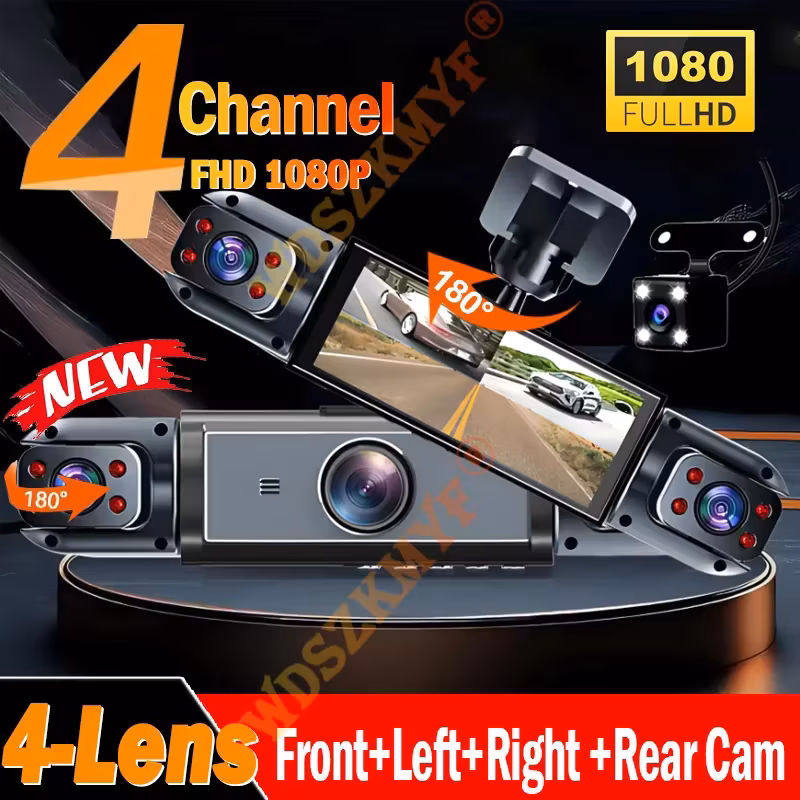 360° Car Dash Cam 4 Channels Video Recorder 1080P Car Dvr 3/4 lens Front inside Rotatable and Rear View Night Vision Black Box