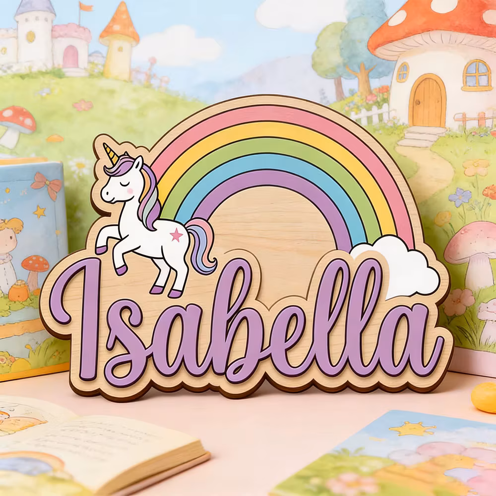 Unicorn & Pastel Rainbow Custom Name Sign Magical Nursery Wall Art Personalized Wooden Plaque for Kids Room