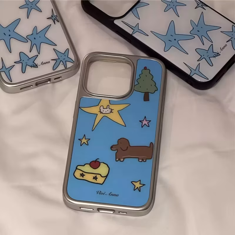 Ins Niche Creative Blue Star Puppy Couple Glossy Surface Phone Case For iPhone 17AIR 16 15 14 13 12 11 Pro Max XR Plus Y2K Cover