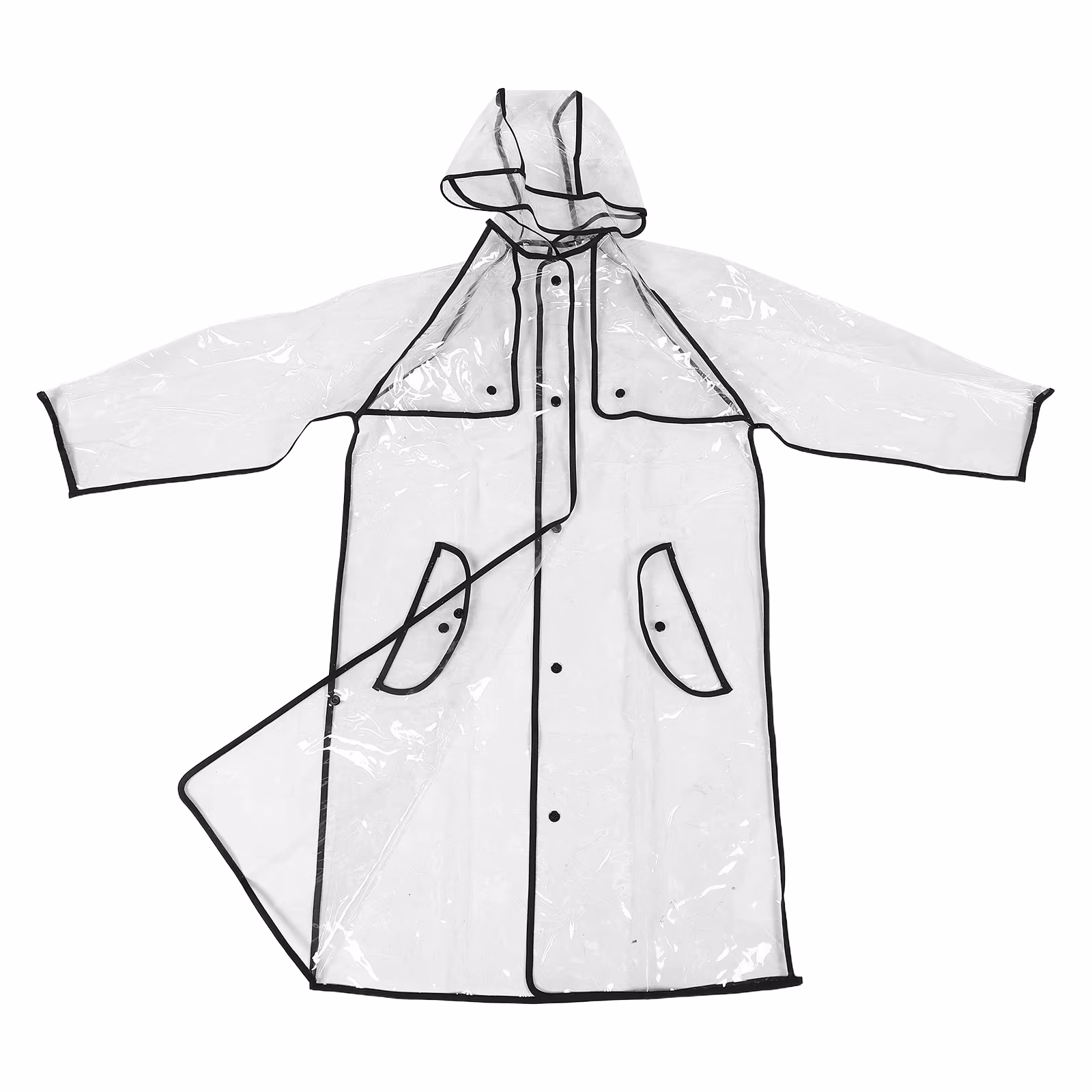 Student Clear Hooded Raincoat Black Edging Button Closure Portable Waterproof Rain Jacket for 140Cm Above