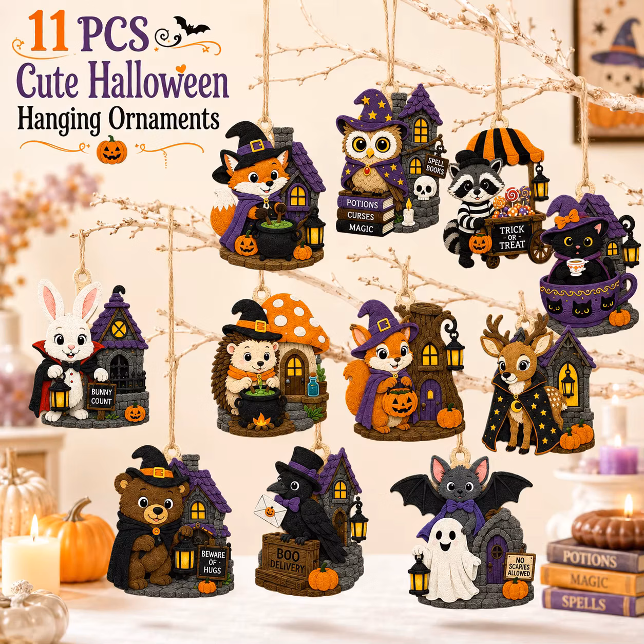 11 Pcs Felt Halloween Decor 2D Flat Hanging Ornaments, Halloween Holiday Felt Cutouts, Diy Decor for Home Halloween Party Decor