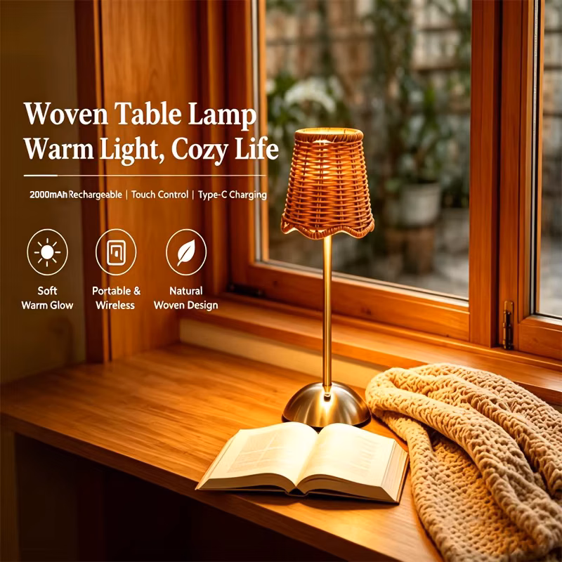 Bohemian Woven Rattan Art Table Lamp 3-Level Dimmable Touch Control Usb Metal Bedroom Living Room Study Dining Room Lighting Gift for Family Friends