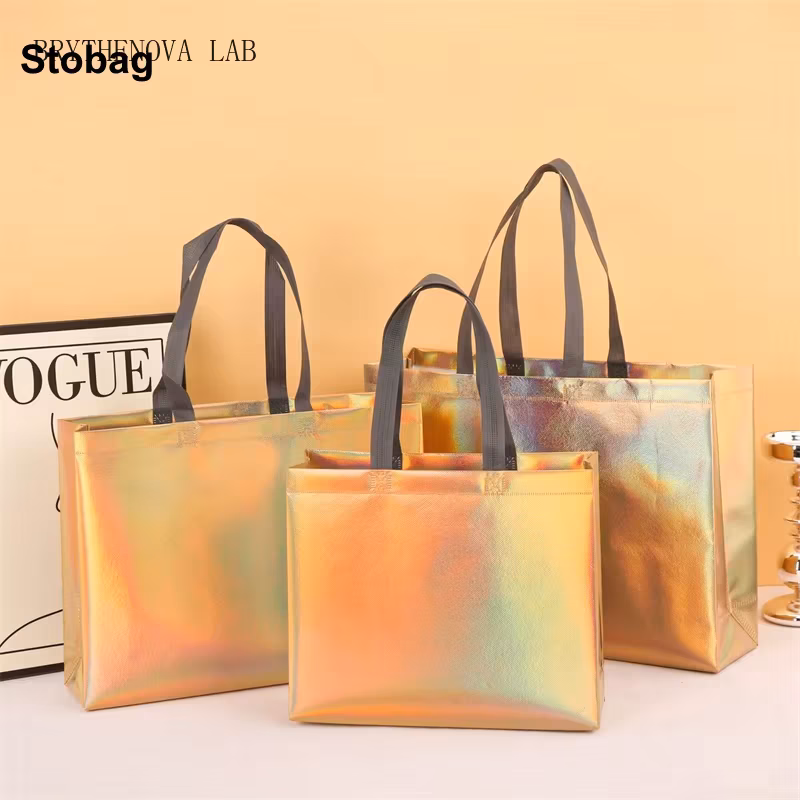 10pcs StoBag Color Laser Non-woven Tote Shoulder Bags Shopping Storage Fabric Reusable Large Pouches Logo(extra Fee)