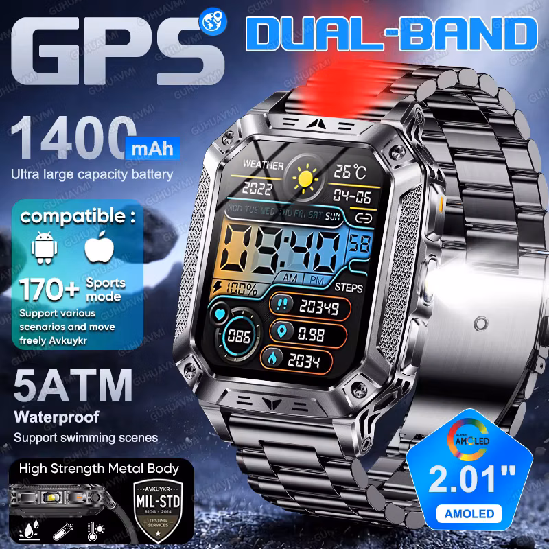 Dual-band Gps Smart Watch Military Men 1400mAh Large Battery 2.01"Amoled 5ATM Waterproof 170+Sports Fitness Ride Smartwatch
