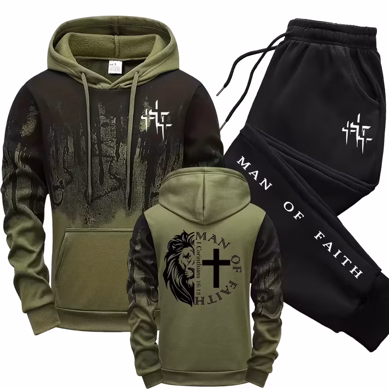 Man of Faith Pattern Men's Set Hooded Sweatshirt and Black Sweatpants Fall Winter Daily Casual Sports Jogger Suit Hoodie Outfits