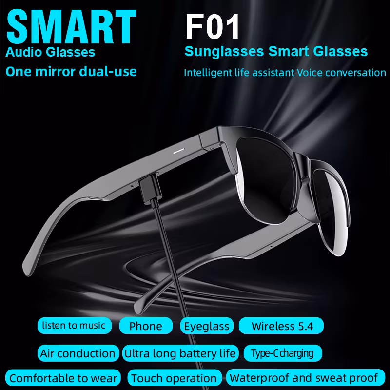 Ai Translation Bluetooth Glasses V5.3 Version, Bluetooth Earphones and Sunglasses with Dual-Function, Anti-Glare Sunglasses, Touch Control, Support Hands-Free Calls from Mobile Phones, Wireless Music Playback