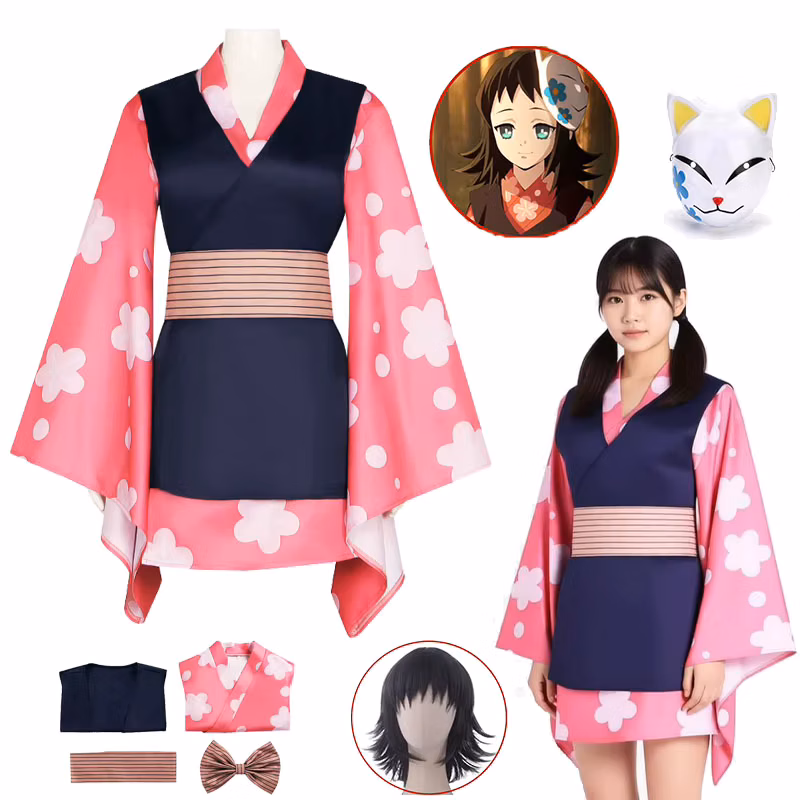 Anime Kimetsu Cosplay Costume Makomo Wig Mask Nice Stitching Kimono Dress Bathrobe Vest cosplay outfit Halloween party women