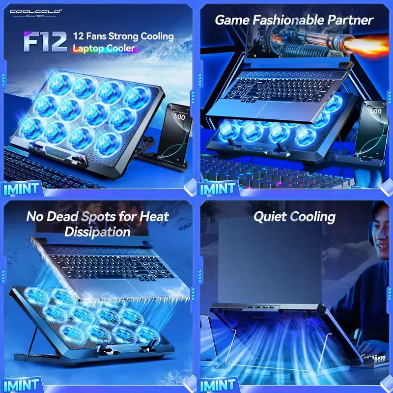 Coolcold Laptop Cooling Pad with 12 Quiet Fans,12-17.3 Inch Gaming Laptop Cooler Stand with Two Usb Ports & Phone Holder