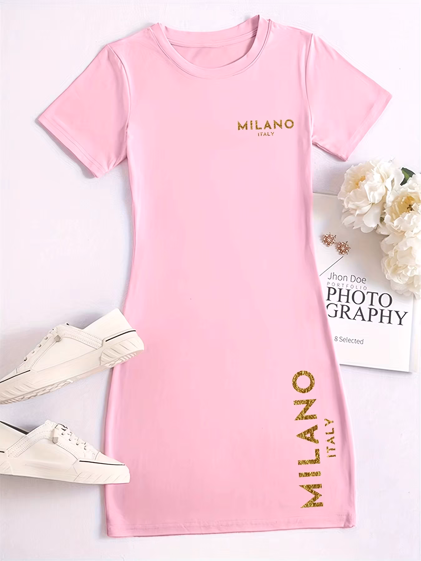 Plus Size Women's Casual Short Sleeve Dress Milano Italy Letter Print Round Neck T-Shirt Dress Vibrant Pink with Golden Dress