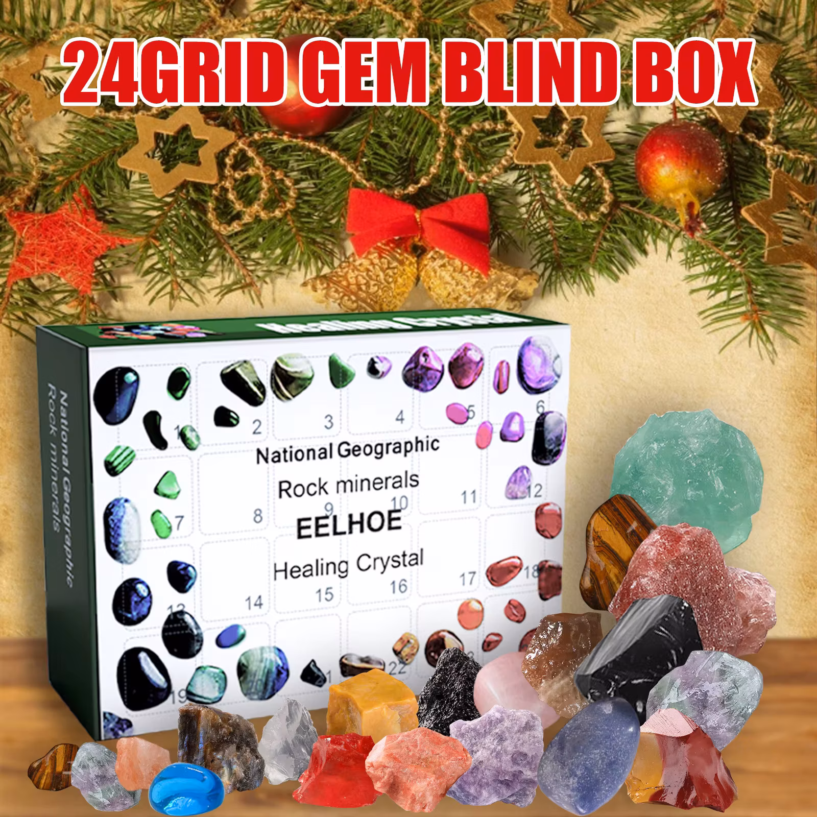 24 Day Stone Advent Calendar Rock Mineral Crystal Collection 24 Grid Christmas Countdown Calendar Educational Gift for Kids