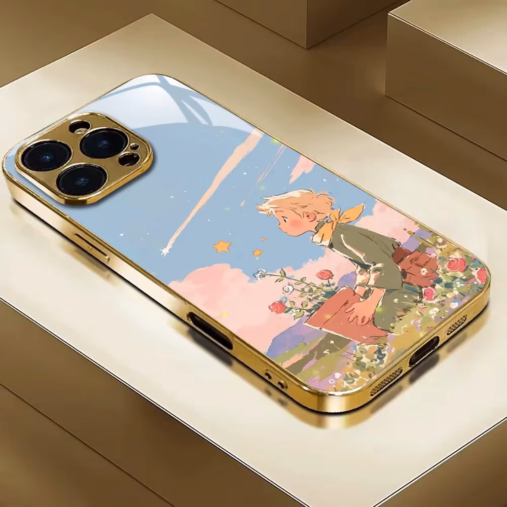 Ins Mirror Rose Little Prince Phone Case For iphone 17 Air 16 15 14 13 12 Pro Plus Max gold Electroplated glass Case