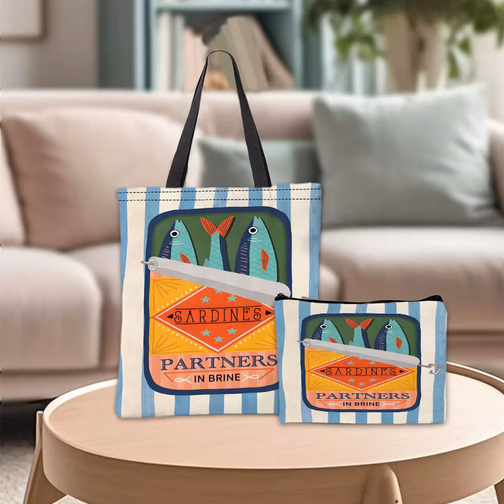 Sardine Partners Graphic Handbag Cosmetic Pouch Combination Bags Retro Marine Colorful Daily Use Shoulder Bag Travel Work Bags