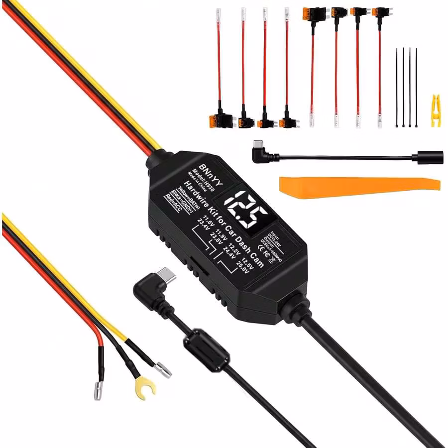 Usb-C Hardwire Kit For Dash Cam With Acc Detection, 4-Level Adjustable Low Voltage Protection & Automatic Led Voltmeter, 3-Lead