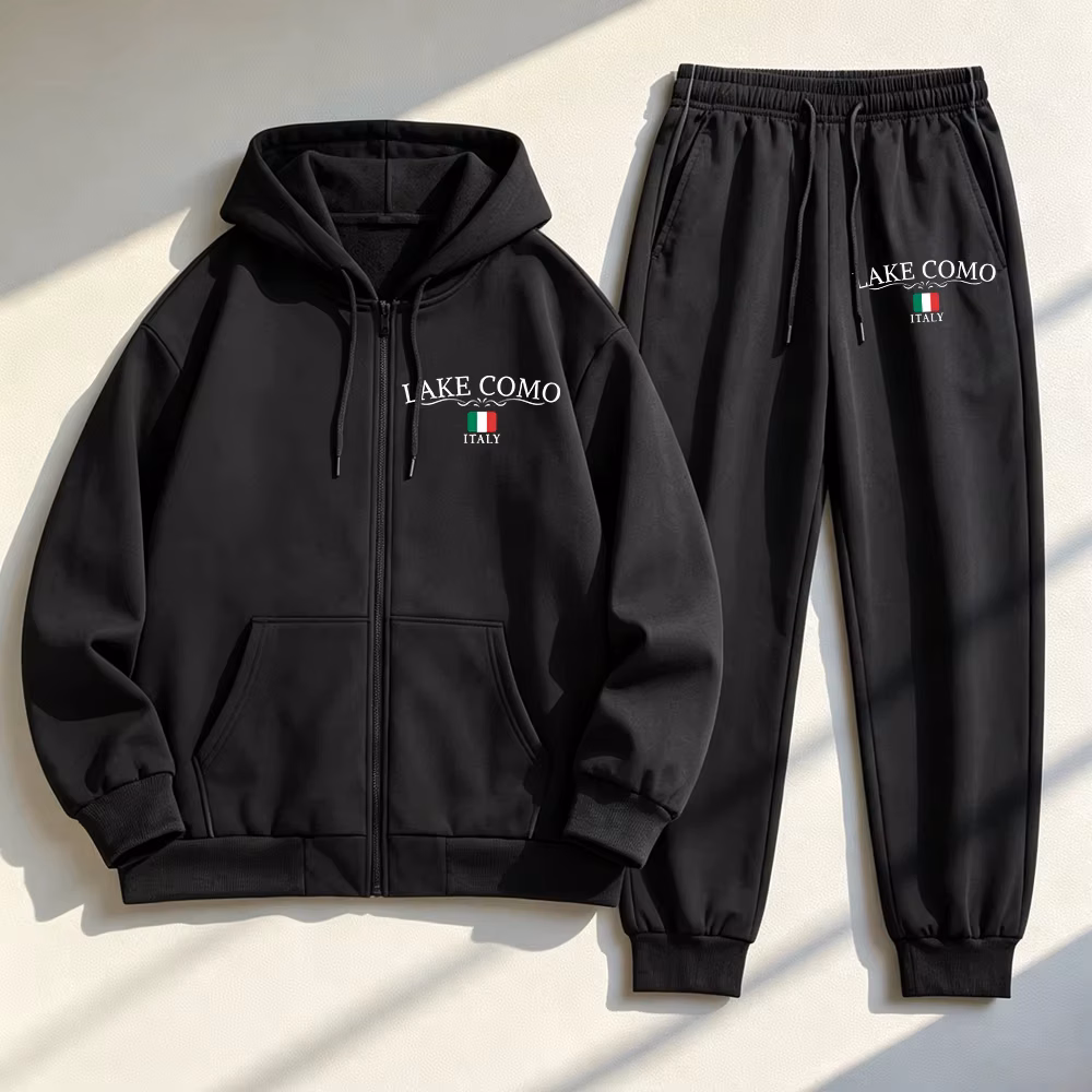 2Pcs Zipper Hoodie Set Women Lake Como Italy Prints Sweatpantswinter Oversized Fleece Warm Sweatshirt Pants Basic Pocket Clothes