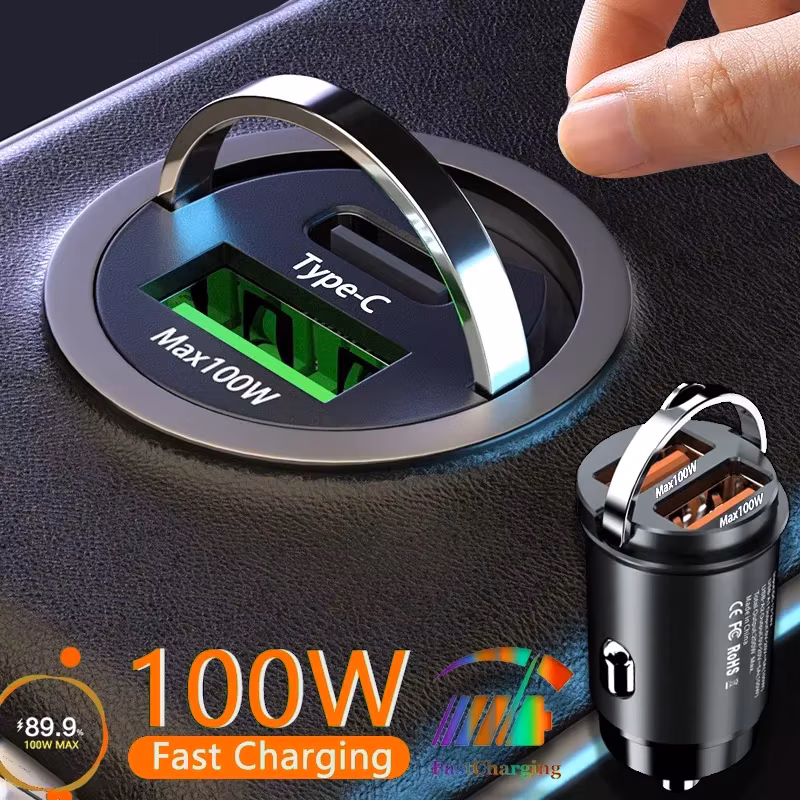 100/200W Mini Car Charger PD Type C Charging For IPhone QC 3.0 Usb C Car Mobile Phone Charger For Samsung Xiaomi Huawei