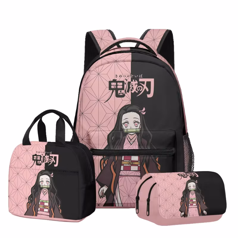 3pcs/set Demon Slayer Anime Print Backpack Pencil Case Lunch Bag Student Large Capacity Schoolbag Stationery Birthday Gift
