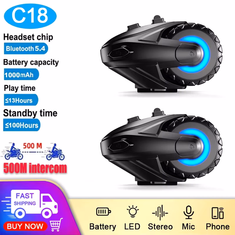 1/2Pcs Motorcycle Bluetooth 5.4 Helmet Intercom Headset 500M Intercom for 2 Rider Wireless Handsfree Call Music Player Earphone