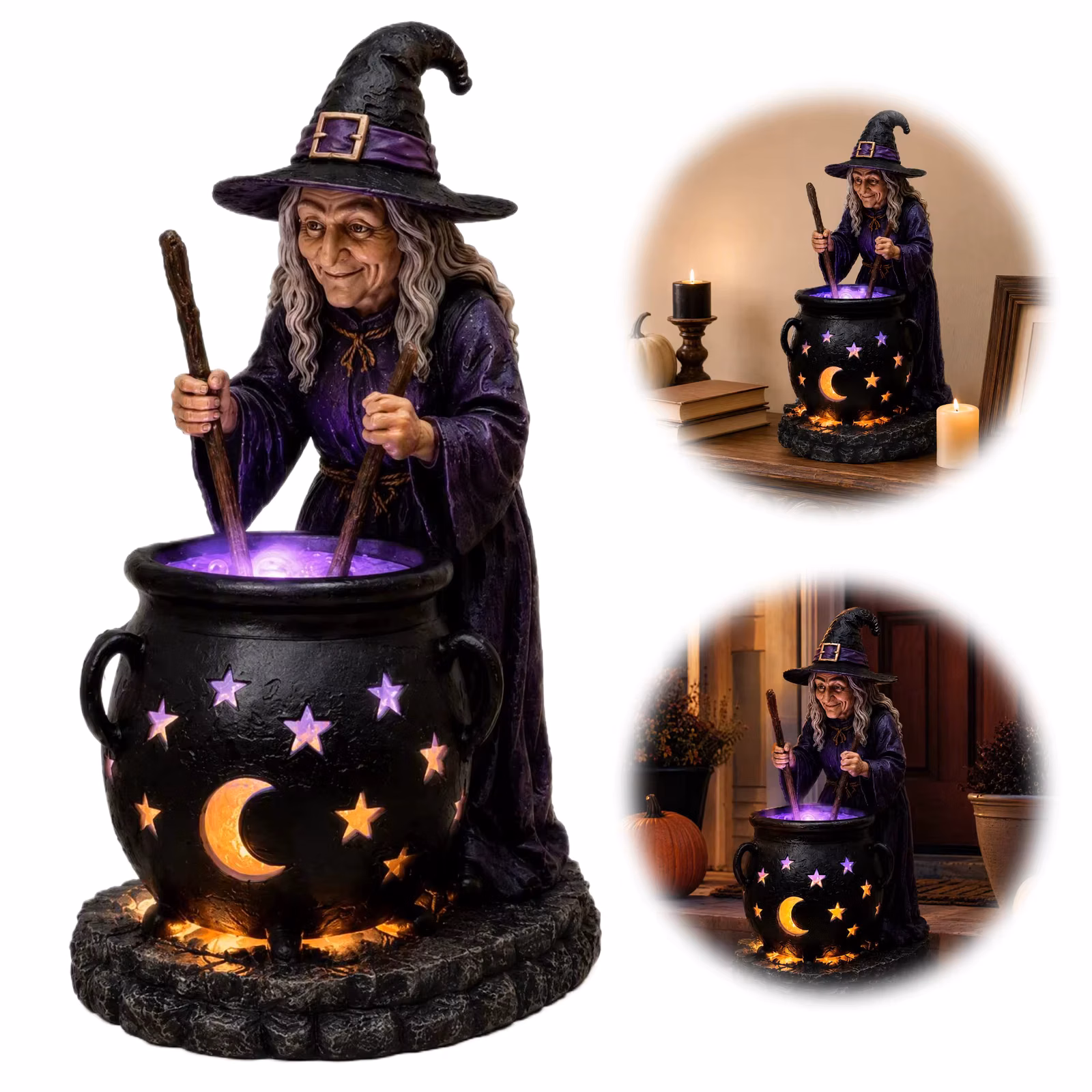 Solar Powered Witch Cauldron Halloween Light Resin Garden Figurine Outdoor Decor Glowing Stars Moon Yard