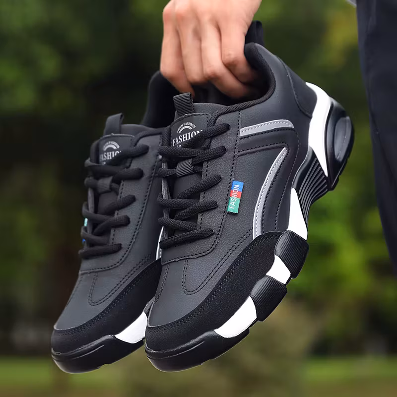 Men's Cushion Casual Sneakers Black White Leather Sport Shoes Non Slip Breathable Outdoor Running Walking Footwear