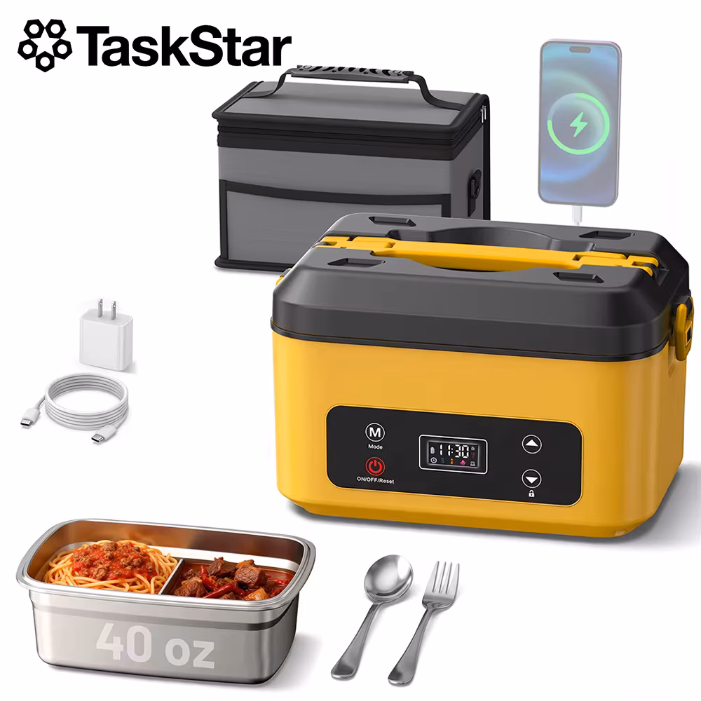 TaskStar Portable Heated Lunch Box 40oz Cordless Leakproof Food Warmer with Stainless Steel Liner & Thermal Insulation for Camping Work School, Usable As Phone Power Bank