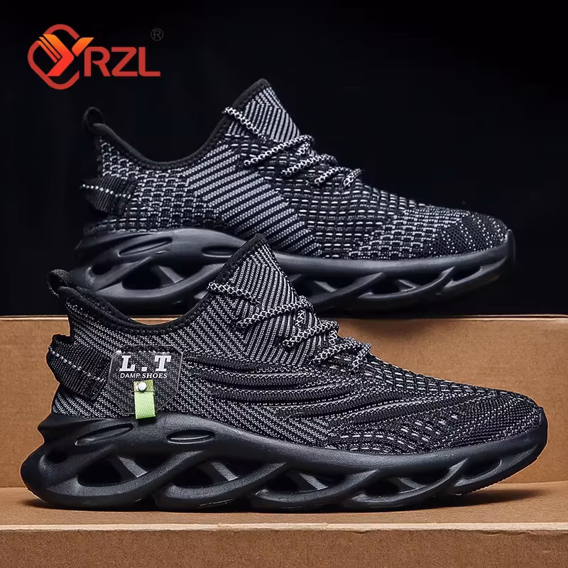 Yrzl Men Sports Running Black Jogging Shoes Casual Sneakers Outdoor Breathable Mesh Women Light Shock-absorption Black Tennis
