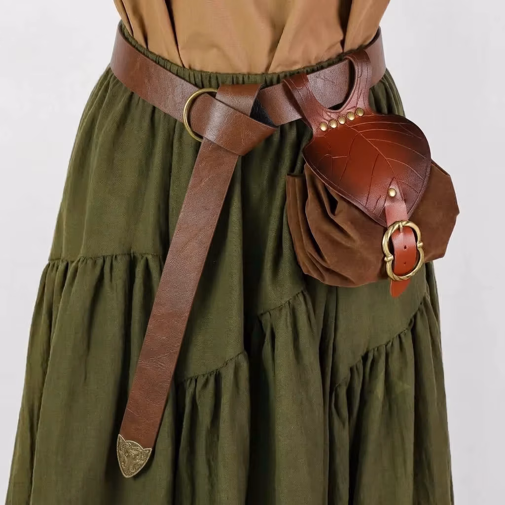 2pcs Medieval Festival Costume Accessories Vintage Pu Leather Waist Belt with Leaf-Shaped Drawstring Coin Pouch Viking Style Cosplay Props for Halloween Larp