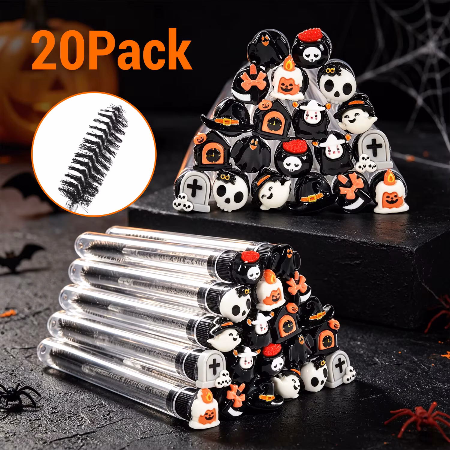 20Pcs Halloween Eyelash Spoolies Mascara Wand Ghost Pumpkin Skull Bat Extension Brush Party Goodie Bag Filler Lash Tech Supplies