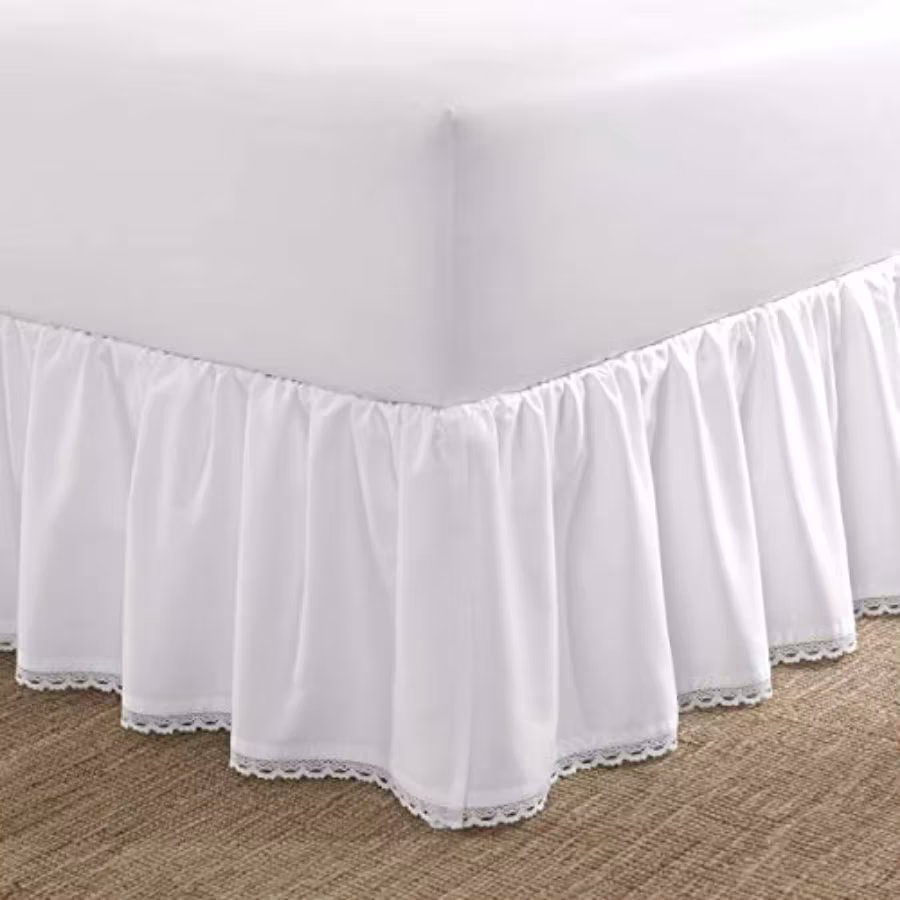 Size Ruffled Bed Skirt, Lightweight Cotton Sateen Bedding with Crochet Trim and 14.5" Drop, College Dorm Room Essentials White