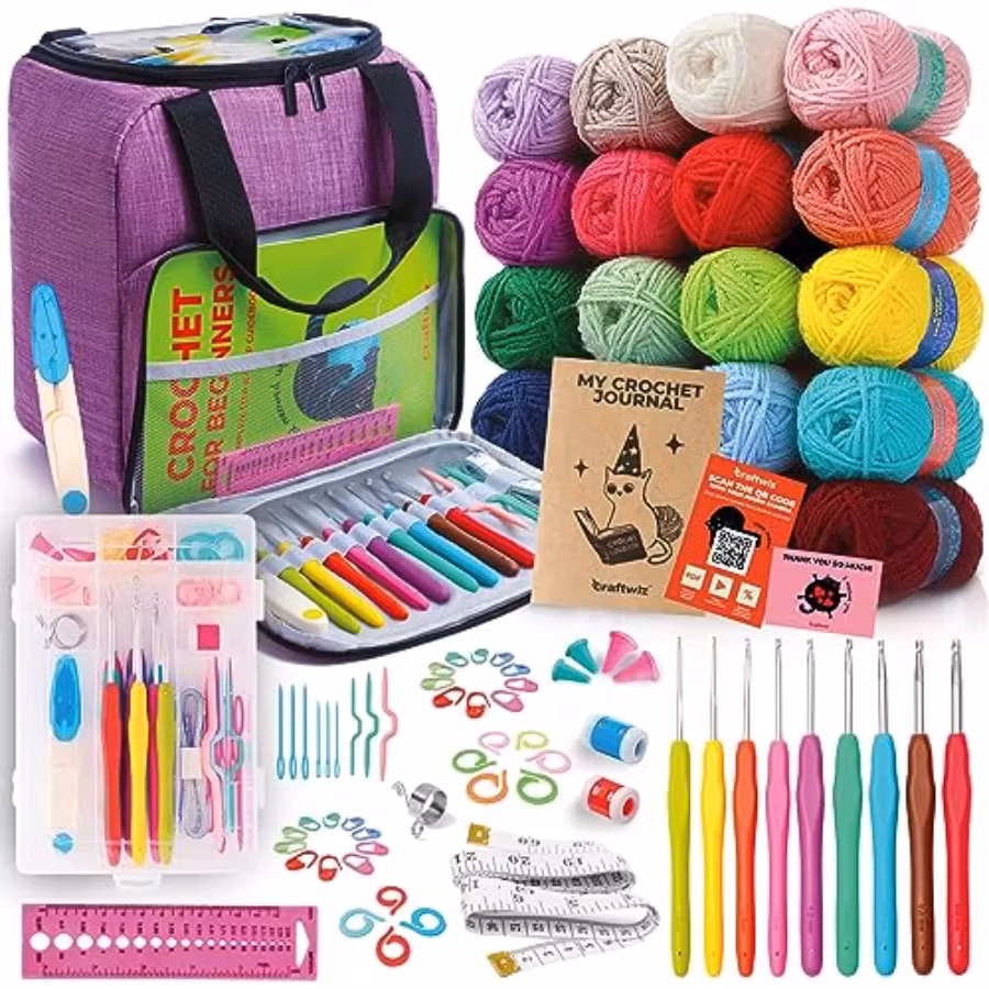 Learn to Crochet Kit for Beginners Adults Complete Beginner Set with 20 Yarn Skeins 9 Hooks Organizer Bag and Book Perfect Croc