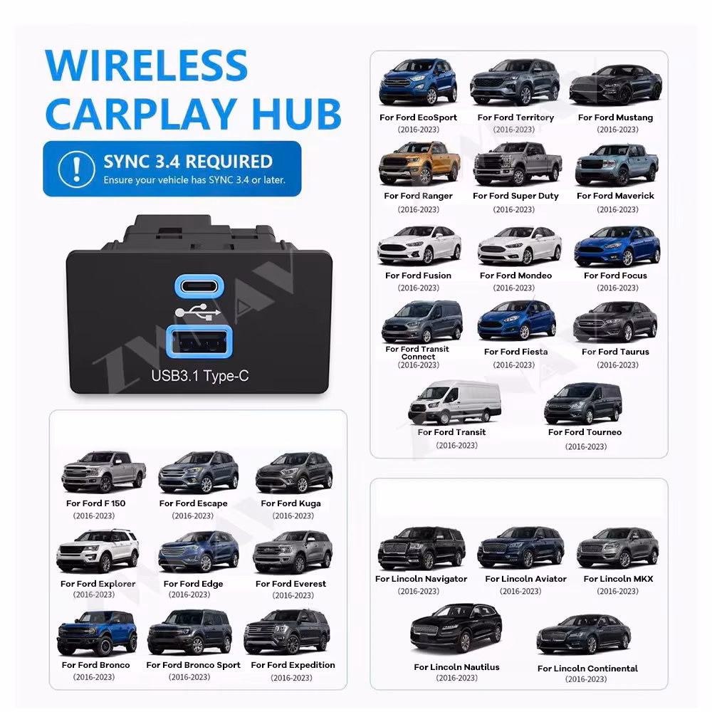 Wireless CarPlay Android Auto Adapter for Ford Lincoln Sync 3.4 - Usb-C PD Charge Plug & Play CarPlay Hub Update