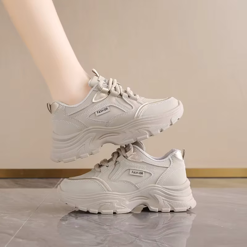 Women's Leather Low- Dad Shoes Breathable Spring Autumn Casual Running Sports Increase Height Middle-Aged Young