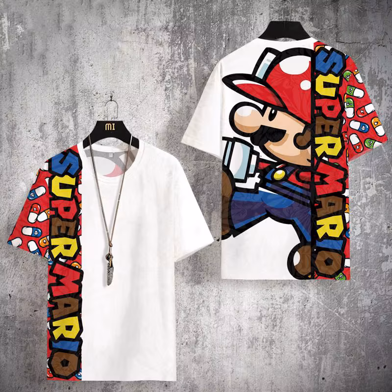 T-shirt Mario Print Short-sleeved Slim Summer Quick-drying Super Mario Clothes for Children and Family, Large Size