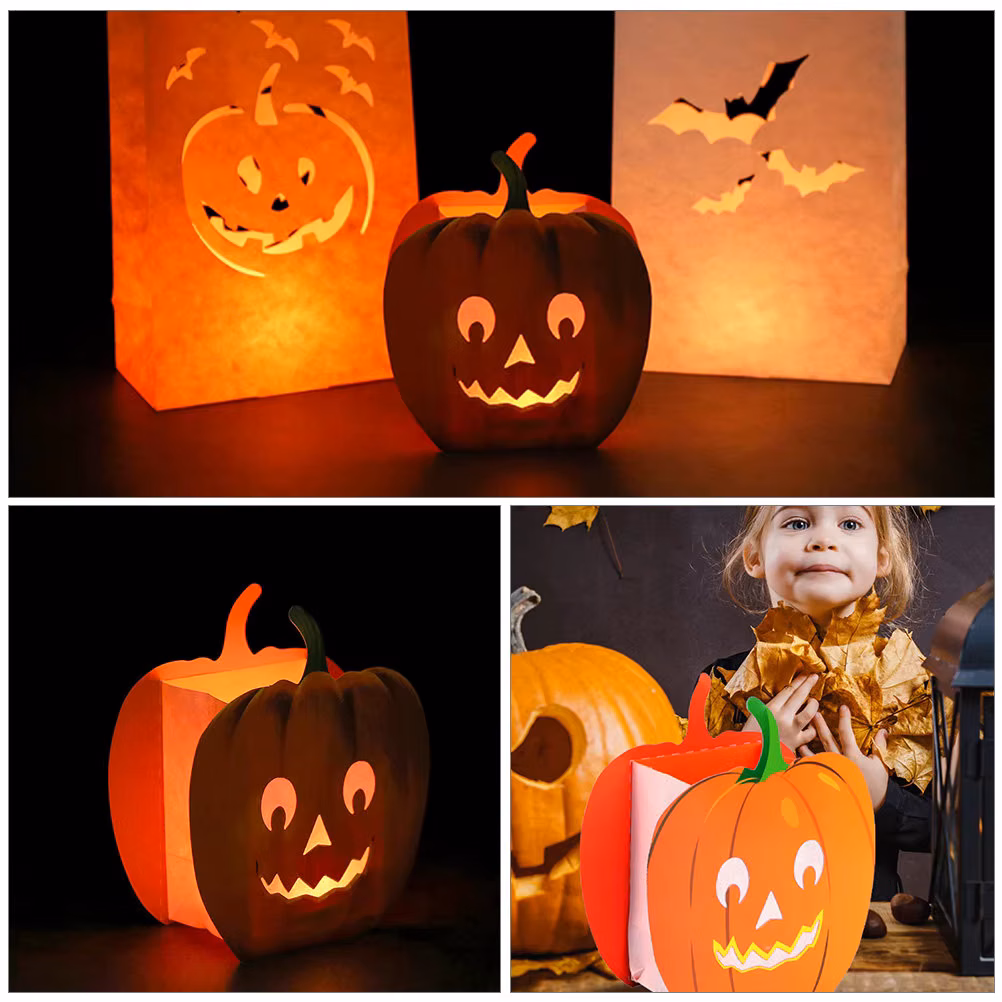 12Pcs Pumpkin Lantern Bags Safe Non Paper Hollow Carved Design for Led Tea Lights Halloween Scene Decor