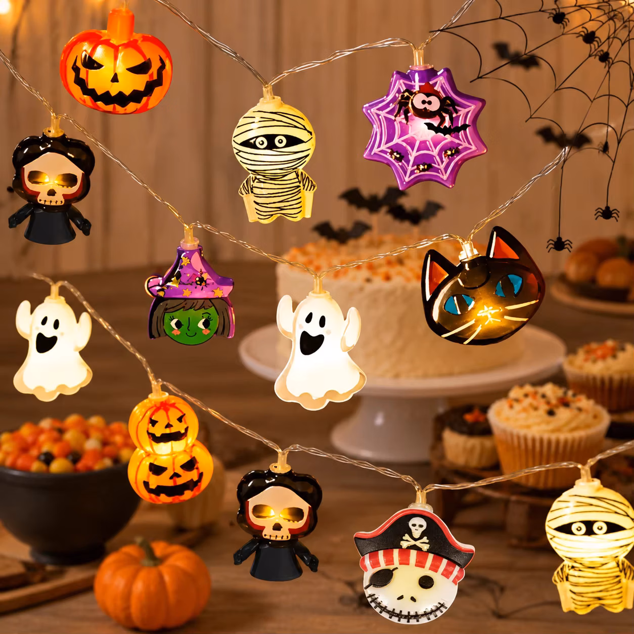 1pc Halloween Led String Lights 59/118in, Mixed Pumpkin Ghost Witch, Indoor Festive Decor