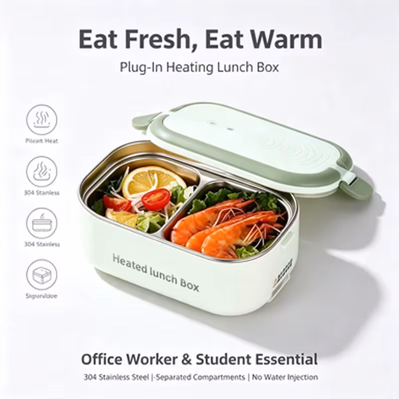 Portable Food Warmer Electric Heating Lunch Box 304 Stainless Steel Safe Meal Container For Office Student