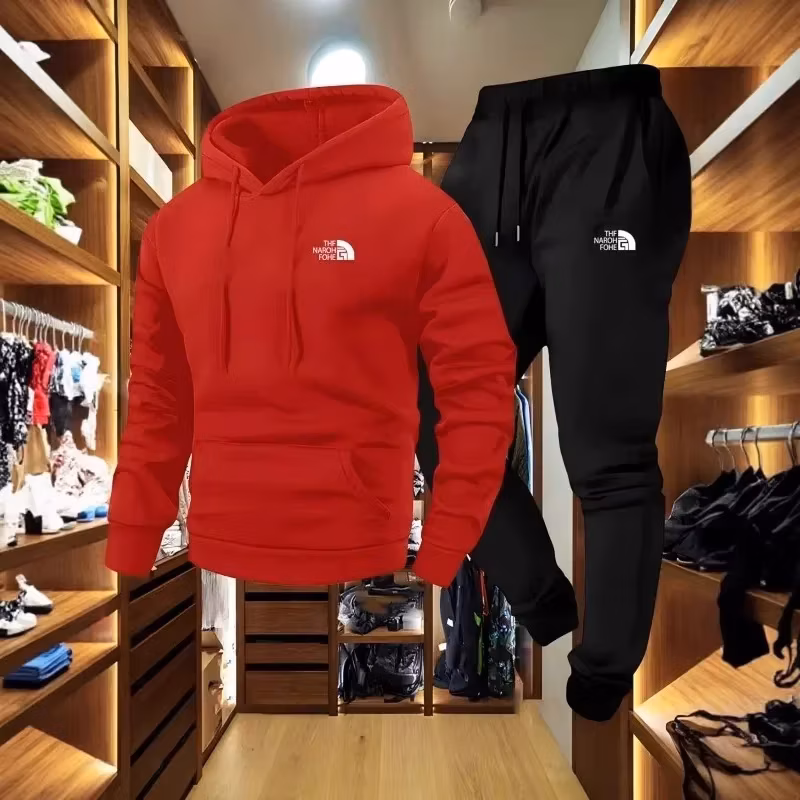 Men's Autumn and Winter Pattern Casual Two-Piece Set Hooded Sweatshirt and Pants with Pockets Regular Fit Outdoor Sport Suit