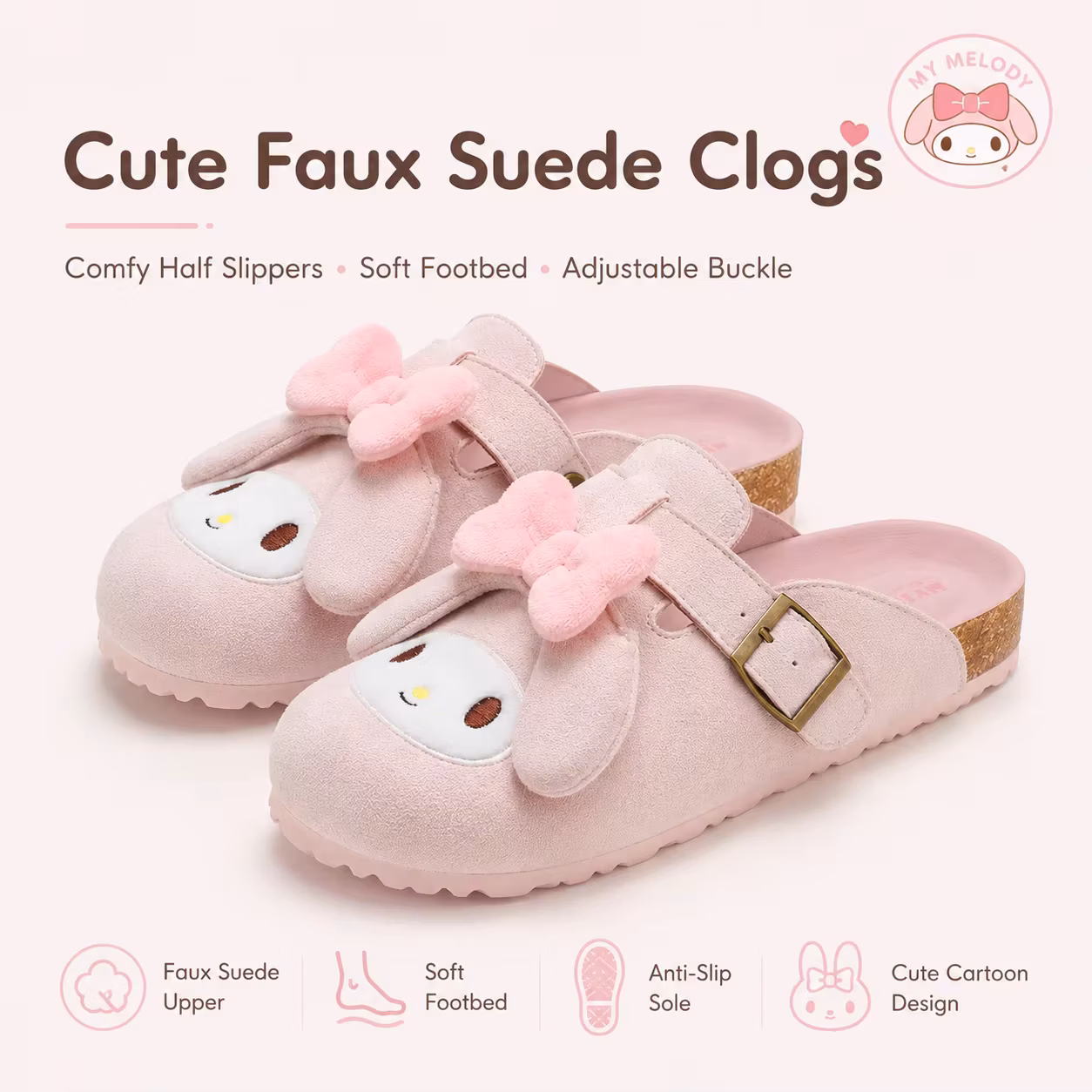Sanrio MyMelody Suede Mule Women For Teens Adult Winter Autumn Indoor Outdoor Soft Casual Cute Pink Lolita Birken Sneakers Shoes