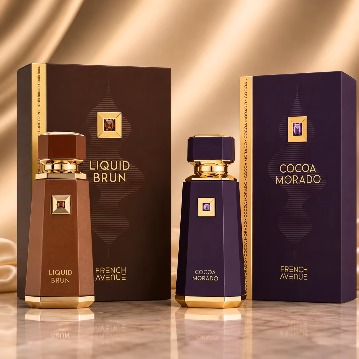 French Avenue Liquid Brun & Cocoa Morado Eau de Parfum 2 Pack Set 100ml Each, Unisex Warm Gourmand Woody Fragrance Spray, Matte Faceted Gold Gem Decor Perfume Bottles with Luxury Embossed Gift Boxes for Men Women Anniversary Gift