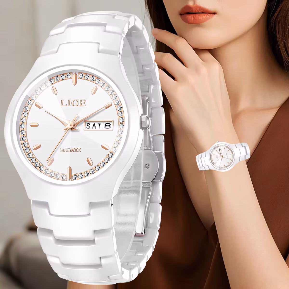 Lige Brand Woman Watch Ceramics Strap Simple Waterproof Calendar Week Quartz Watches for Women Elegant Ladies Bracelet for Gifts