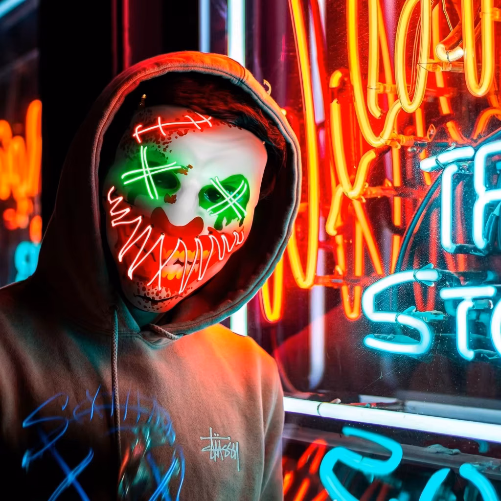 Led Neon Mask Light Up Scary Face Halloween Horror Costume Prop Rave Festival Cosplay Masquerade Party for Men Women Adults